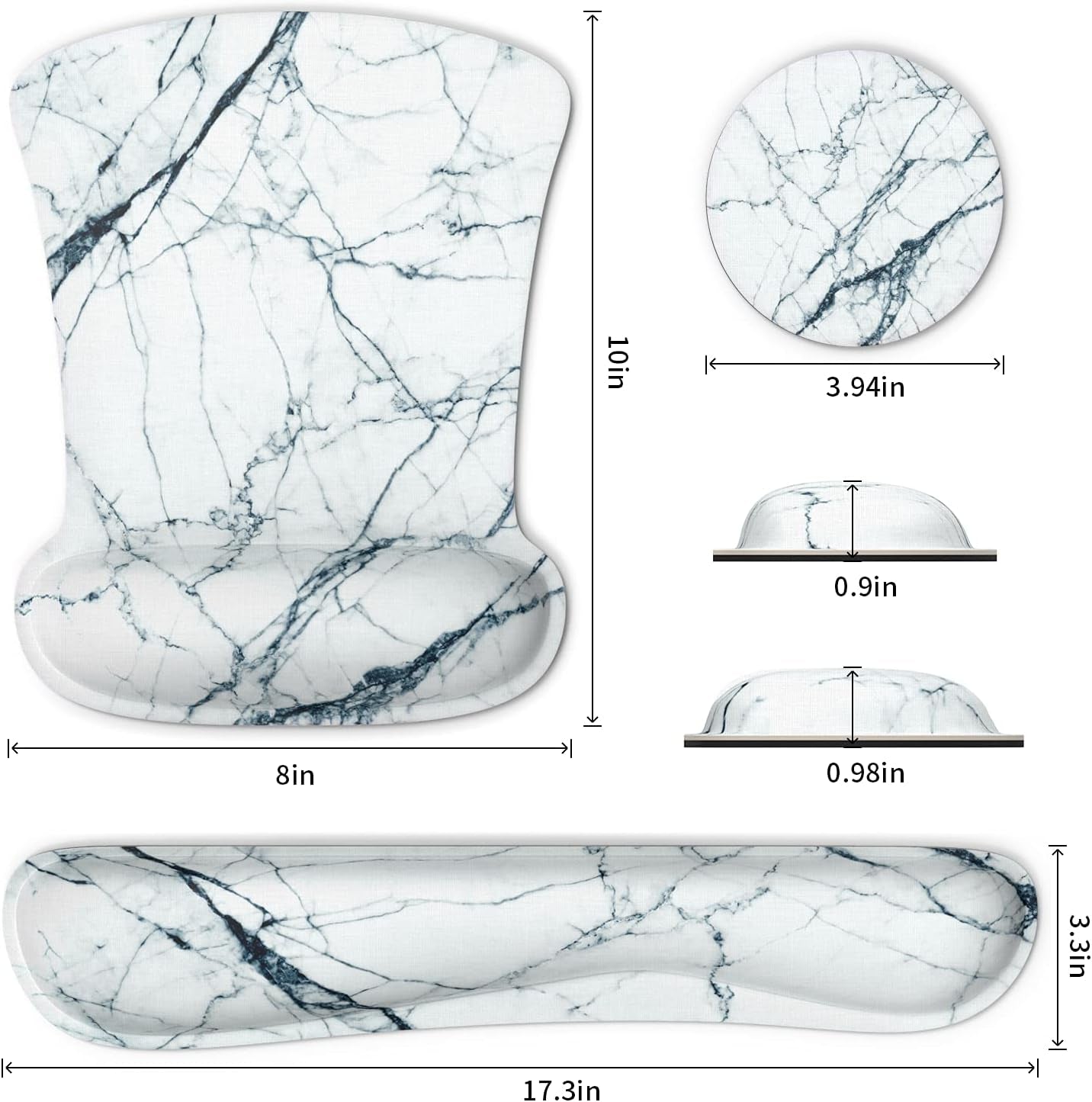 Ergonomic Memory Foam Wrist Rest Mouse Pad & Keyboard Set - Non-Slip Rubber Base, Cute White Marble Design for Comfort and Pain Relief at Home or Office