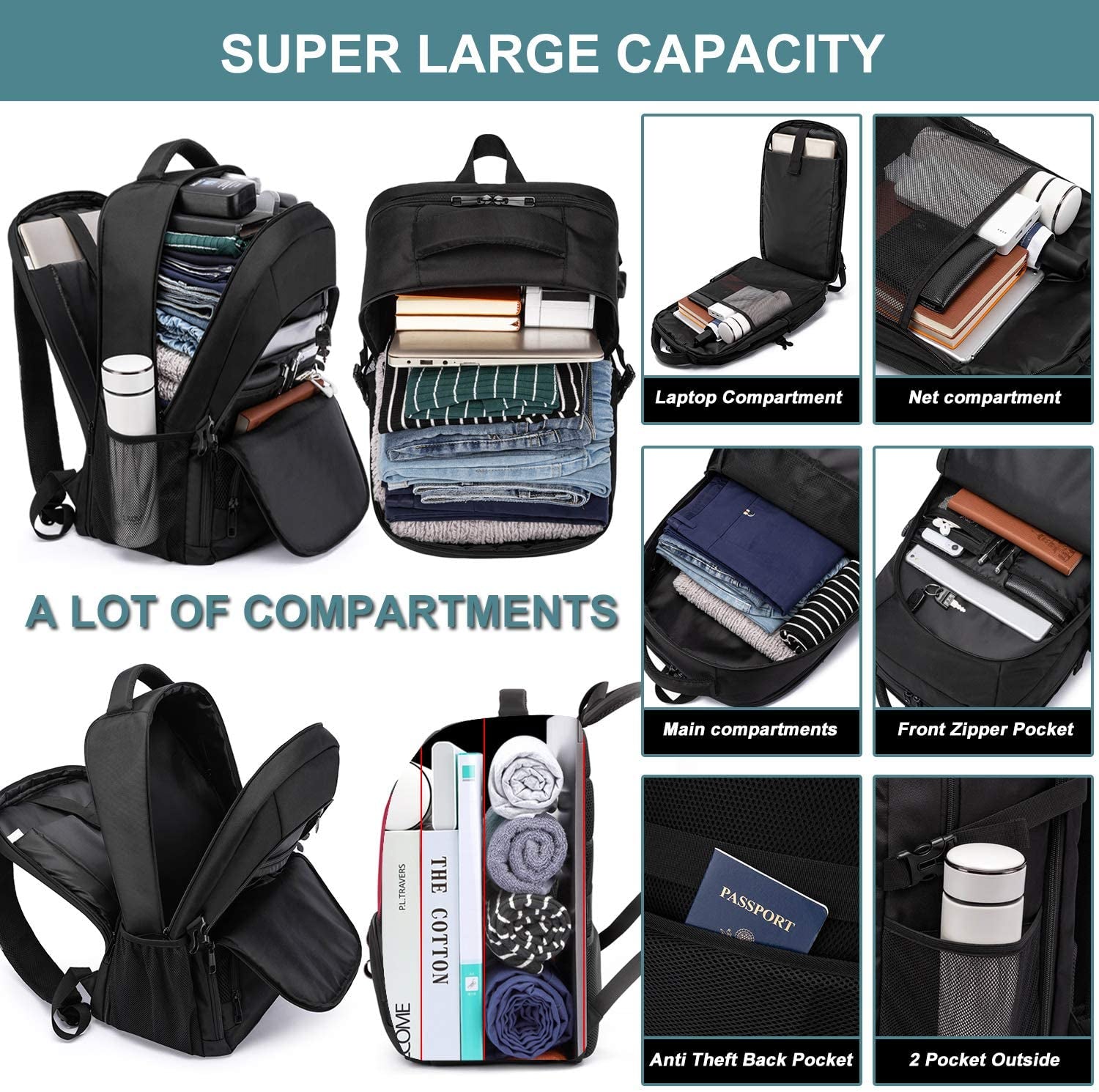 Extra Large 50L Water Resistant Men's Backpack - 17.3 Inch Laptop Travel Bag with USB Charging Port, Anti-Theft Design for Work, College, and School, Perfect Gift in Black