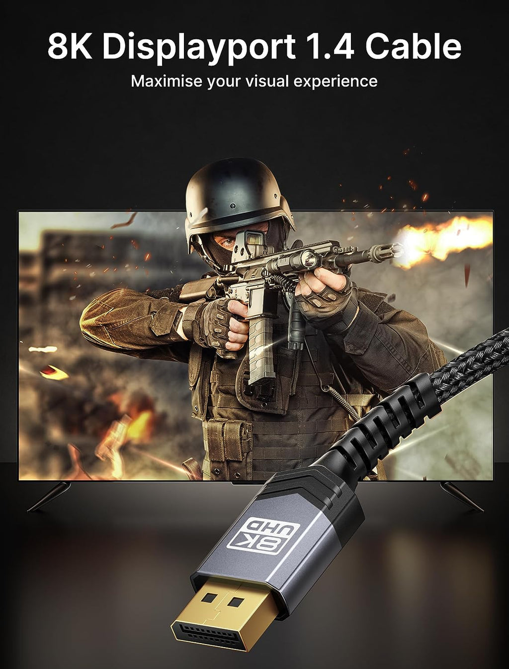 10Ft DisplayPort 1.4 Cable - Experience Stunning 8K@60Hz & 4K@144Hz | HBR3, 32.4Gbps, HDR10, Supports Freesync & G-Sync - Perfect for Gaming Monitors, PCs, and Laptops - Grey