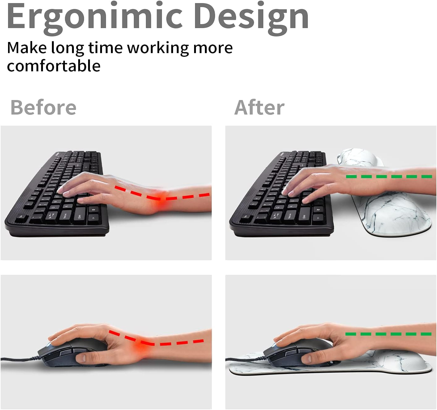 Ergonomic Memory Foam Wrist Rest Mouse Pad & Keyboard Set - Non-Slip Rubber Base, Cute White Marble Design for Comfort and Pain Relief at Home or Office