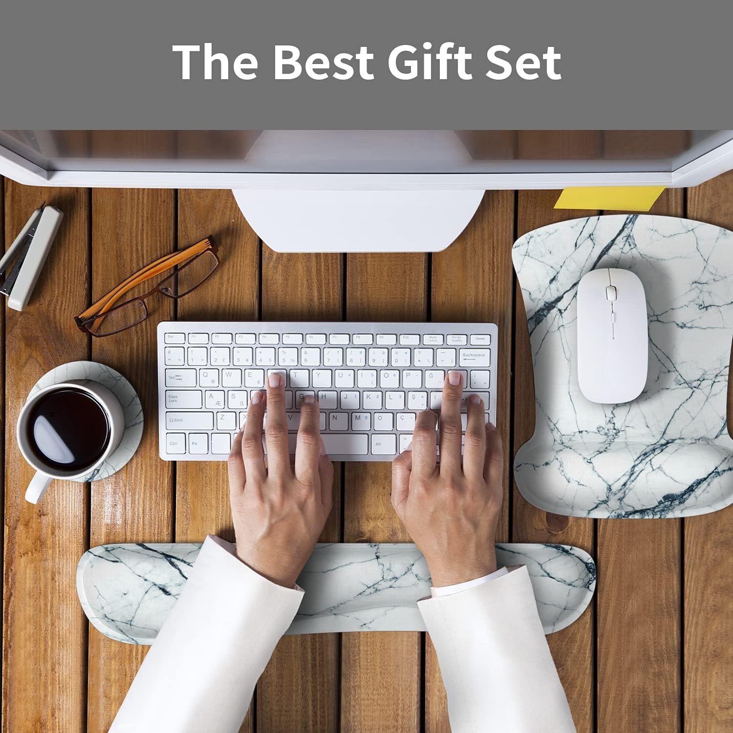 Ergonomic Memory Foam Wrist Rest Mouse Pad & Keyboard Set - Non-Slip Rubber Base, Cute White Marble Design for Comfort and Pain Relief at Home or Office