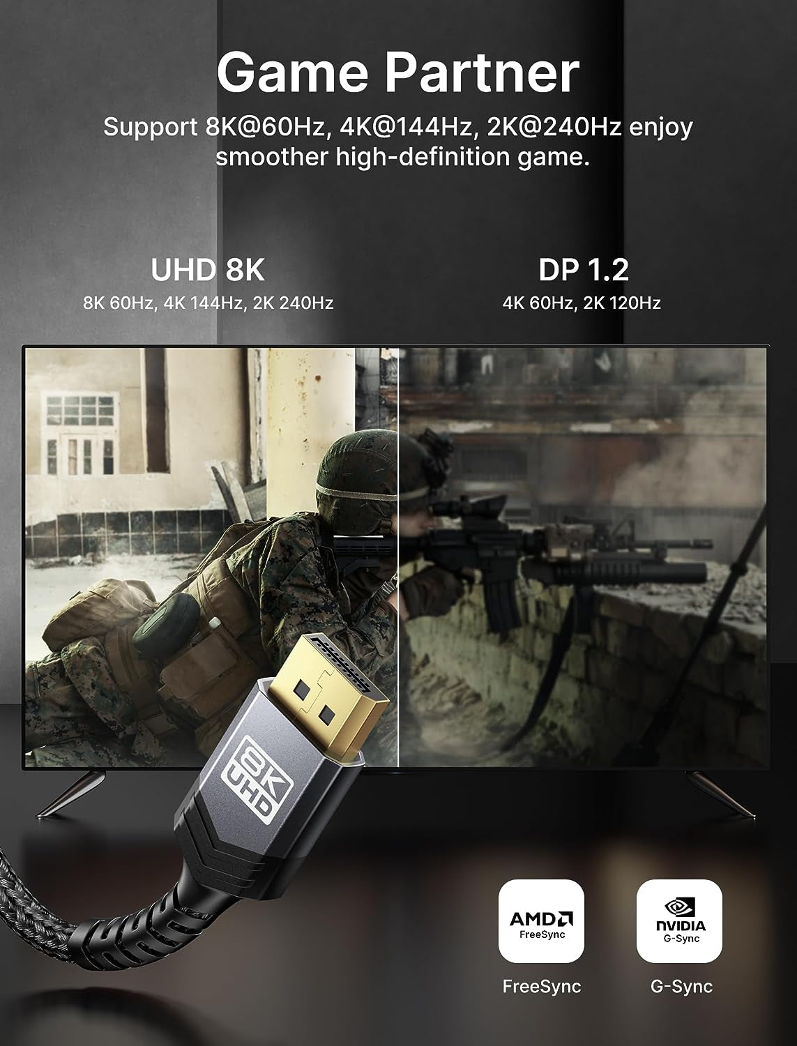 10Ft DisplayPort 1.4 Cable - Experience Stunning 8K@60Hz & 4K@144Hz | HBR3, 32.4Gbps, HDR10, Supports Freesync & G-Sync - Perfect for Gaming Monitors, PCs, and Laptops - Grey