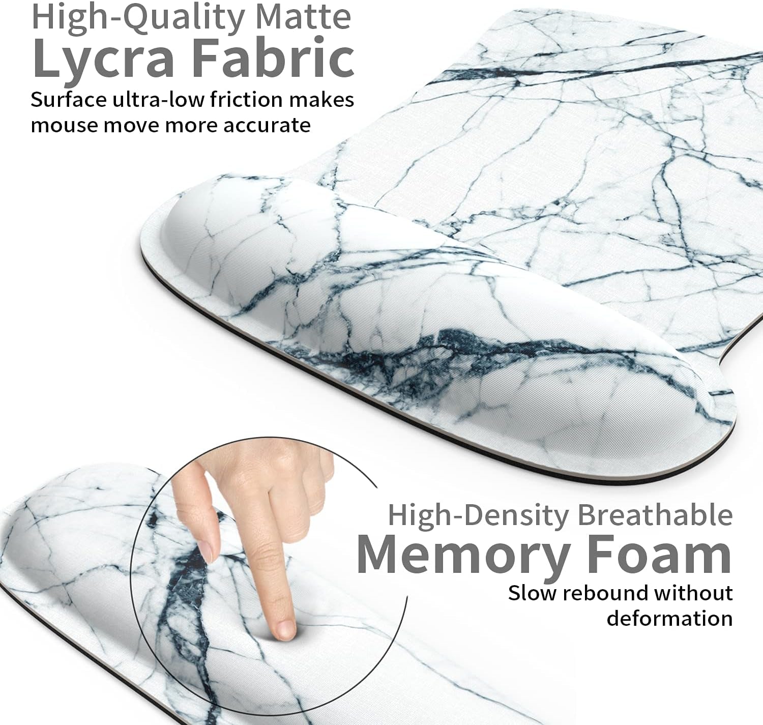 Ergonomic Memory Foam Wrist Rest Mouse Pad & Keyboard Set - Non-Slip Rubber Base, Cute White Marble Design for Comfort and Pain Relief at Home or Office