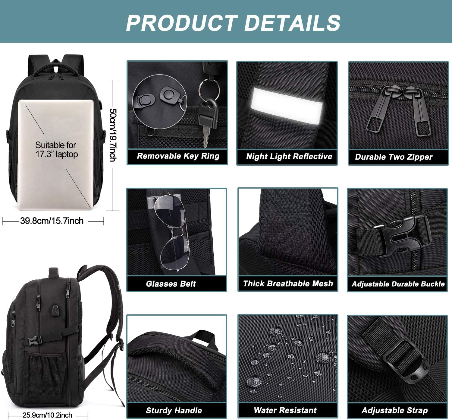 Extra Large 50L Water Resistant Men's Backpack - 17.3 Inch Laptop Travel Bag with USB Charging Port, Anti-Theft Design for Work, College, and School, Perfect Gift in Black