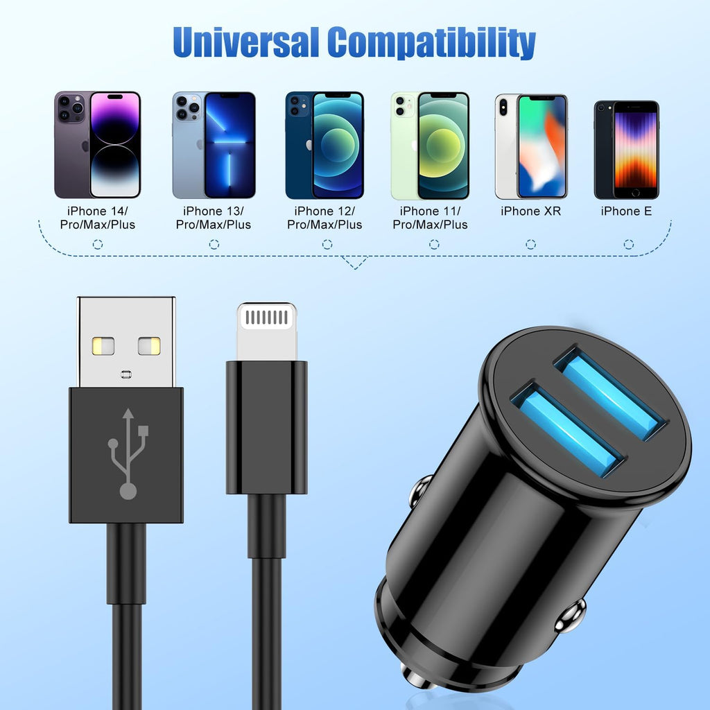 Apple Certified iPhone Car Charger - Fast Dual-Port USB Adapter for iPhone 14 Pro Max/14/13 Pro/13/12 Mini/11 Pro/Xs/X/8 Plus/7/6/5S/SE with Lightning Cable